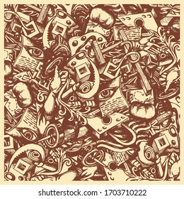 Graphic fantasy with randomly arranged objects. Monochrome image. Vector illustration