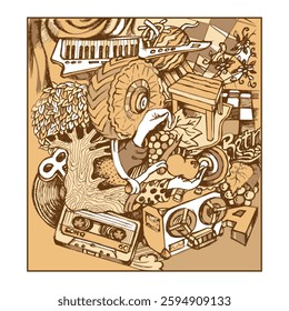 Graphic fantasy with various chaotically arranged and intertwined vintage objects. Doodles and squiggles. Brown palette. Vector illustration