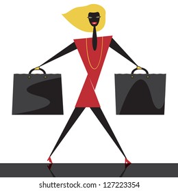 Graphic fashion girl with shopping bags walking.