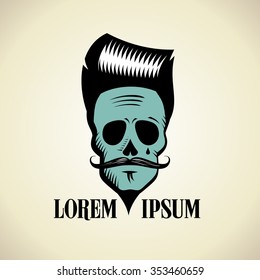 Graphic fashionable skull with hipster hairstyle and moustache, art logo.