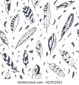 Graphic feathers seamless pattern, ornate design. Vector illustration
