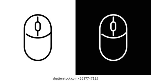 Graphic features computer mouse outline in two variations black line on white background and white line on black backdrop. Clean design ideal for digital interfaces.