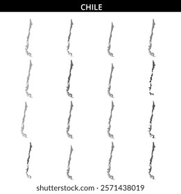 The graphic features a detailed outline of Chile filled with varying patterns and textures, showcasing its unique shape and features.