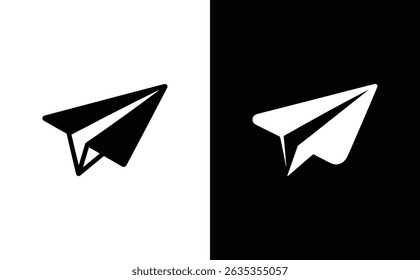 Graphic features a paper airplane silhouette. Image displays both a black silhouette on a white background and a white silhouette on a black background.