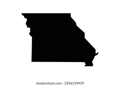 The graphic features a silhouette of the state of Missouri set against a stark white background. This design highlights the distinct outline and geographical shape of the state.