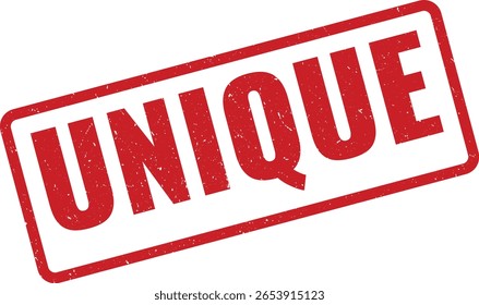 Graphic features a slightly tilted red ink stamp with rounded corners, presenting the word UNIQUE in bold, textured font, against a clean white background.