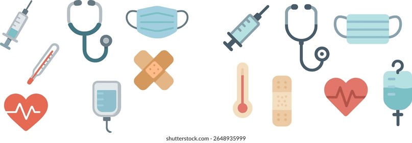 Graphic features various medical icons, such as syringes, stethoscopes, heart symbols, and bandages. Ideal for illustrating healthcare topics, safety, and wellness.