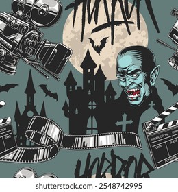 A graphic featuring classic horror motifs like vampires bats and haunted castles with vintage film equipment and movie clapperboards creating an eerie atmosphere.