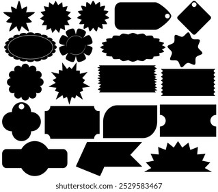 Eine Grafik mit einer Vielzahl von schwarzen Formen, z. B. Sternen, Tags und abstrakten Formen. Diese Silhouetten könnten als Gestaltungselemente oder als Rahmen für Text verwendet werden.