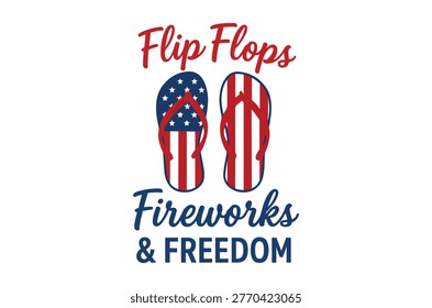 A graphic featuring flip flops decorated with the american flag and fireworks imagery.