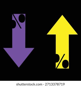 Um gráfico com uma seta roxa apontando para baixo e uma seta amarela apontando para cima, ambas sobrepostas por um símbolo de porcentagem estilizada, definidas contra um plano de fundo preto sólido. Representa tendência oposta