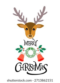 A graphic featuring a reindeer head centered above the words Merry Christmas within a festive wreath The design is whimsical and includes red text elements for a traditional holiday feel