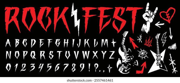 A graphic featuring a rock fest theme showcasing bold letters and symbols. Electric guitars lightning bolts and rock hands enhance the vibrant design perfect for music enthusiasts.