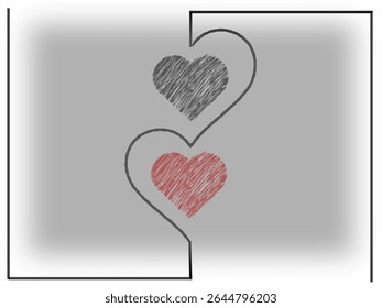 um gráfico com dois corações desenhados à mão com texturas, um preto e um vermelho, dispostos verticalmente dentro de um único quadro preto minimalista interligado contra um fundo cinza-claro.