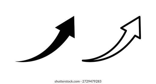 Un gráfico con dos flechas apuntando hacia arriba. La flecha de la izquierda es una forma negra sólida, mientras que la flecha de la derecha es un contorno. Ambas flechas tienen una trayectoria curva, comenzando desde la parte inferior izquierda y curvándose hacia arriba hacia la parte superior derecha, simbolizando el progreso, el crecimiento o una tendencia ascendente.