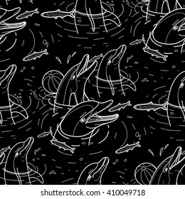 Graphic feeding dolphins in the water catching fish. Summer mood. Vector seamless pattern. Sea and ocean vector creatures in black and white colors