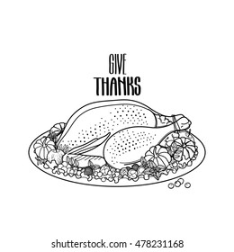 Graphic festive turkey decorated with fruits and vegetables. Vector Thanksgiving day design isolated on white background. Coloring book page design for adults and kids