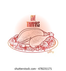 Graphic festive turkey decorated with fruits and vegetables. Vector Thanksgiving day design isolated on white background in red colors