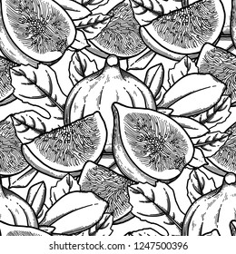 Graphic fig fruits and leaves. Vector botanical seamless pattern