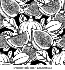 Graphic fig fruits and leaves. Vector botanical seamless pattern