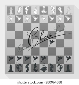 Graphic figures. Elements: water and earth. Ocean: the rook - lighthouse, knight-sea horse, bishop-shark,mermaid-queen, king Trident; Pawn- fish. Land: tower, horse, bear, princess, wand, cloak, crown