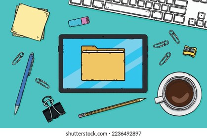 A graphic of a file folder is displayed on a tablet lying on a desk. Hand-drawn vector graphics
