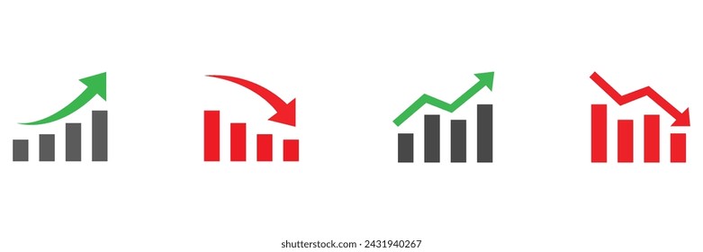 Graphic finance up down vector icon. Red green arrow chart graph. Market stock rate price grow and decline.