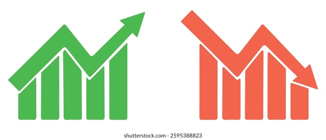 Graphic finance up down vector icon. Red green arrow chart graph. Market stock rate price grow and decline.