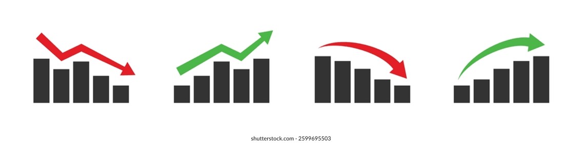 Graphic finance up down vector icon. Red green arrow chart graph. Market stock rate price grow and decline.