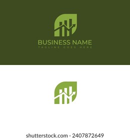 Financiación gráfica con imagen vectorial del logotipo de hoja. Vector del logotipo de la hoja verde ecológica que invierte en el gráfico de barras financieras para empresas. Diseño de vectores de gráficos de crecimiento y hoja de modelos de logotipo financiero empresarial