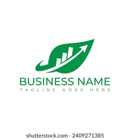 Financiación gráfica con imagen vectorial del logotipo de hoja. Vector del logotipo de la hoja verde ecológica que invierte en el gráfico de barras financieras para empresas. Diseño de vectores de gráficos de crecimiento y hoja de modelos de logotipo financiero empresarial