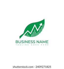 Financiación gráfica con imagen vectorial del logotipo de hoja. Vector del logotipo de la hoja verde ecológica que invierte en el gráfico de barras financieras para empresas. Diseño de vectores de gráficos de crecimiento y hoja de modelos de logotipo financiero empresarial