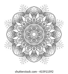 Graphic fish circle ornament. Vector  line art style. Abstract ocean template. Coloring book page design