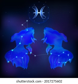 Graphic of fish. Pisces horoscope sign in twelve zodiac with galaxy background.  vector illustration.