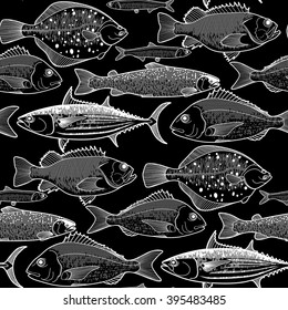 Graphic fish seamless pattern drawn in line art style. Sea and ocean creatures on black background. Vector element for seafood menu design