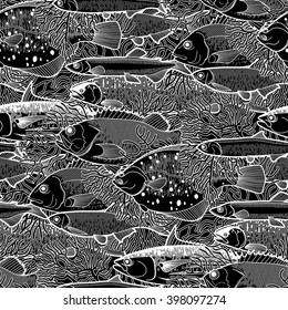 Graphic fish seamless pattern drawn in line art style. Sea and ocean creatures on black background. Vector element for seafood menu design