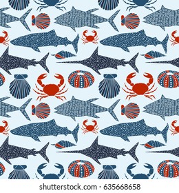 Graphic fish and shells seamless pattern drawn in line art style. Vector illustration.