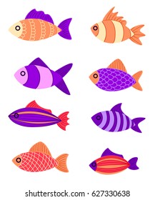Graphic fish violet red pink with a pattern and to leaves Multi-colored small fishes in the sea the ocean Fishing. Hand drawn vector fish. Sketch