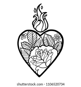 Graphic flaming heart with floral decorations. Inspired by old school tattoo style. Vector traditional design isolated on white background. Coloring book page for adults and kids