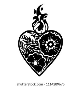 Graphic flaming heart with floral decorations. Inspired by old school tattoo style. Vector traditional design isolated on white background.