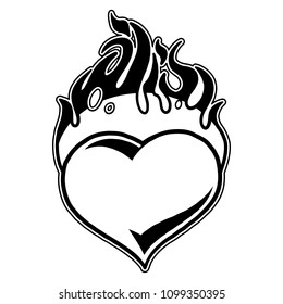 Graphic flaming heart isolated on white background. Vector old school tattoo design. Traditional style. Coloring book page for adults and kids