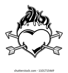 Graphic flaming heart pierced by two arrows. Vector art for old school tattoo design isolated on white background. Coloring book page for adults and kids