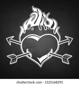 Graphic flaming heart pierced by two arrows. Vector art for old school tattoo design isolated on chalkboard background