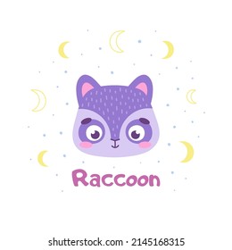 Graphic, flat cute animal. Animals in the form of a raccoon with the moon for print, postcards, textiles, child development. Vector illustration in cartoon style