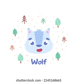 Graphic, flat cute animal. Animals in the form of a wolf in the forest for print, postcards, textiles, child development. Vector illustration in cartoon style