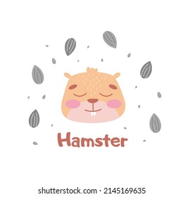 Un lindo animal gráfico y plano. Animales en forma de hámster soñador con semillas para imprimir, postales, textiles, desarrollo infantil. Ilustración vectorial en estilo de caricatura