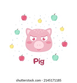 Graphic, flat cute animal. Animals in the form of a pig with apples for printing, postcards, textiles, child development. Vector illustration in cartoon style