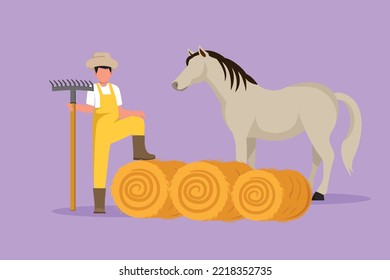 Graphic flat design draw rancher working in farmyard. Male farmer feeding horse with hay. Livestock technician working with pitchfork, harvesting food for stallion. Cartoon style vector illustration