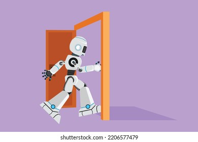 Graphic Flat Design Draw Robot Enters Room Through Door. Cyborg Walking To Opened Door. Starting New Day At Factory. Technology Development. Artificial Intelligence. Cartoon Style Vector Illustration