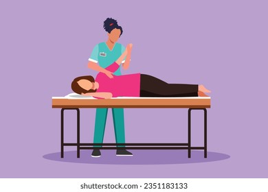 Graphic flat design draw woman patient lying on massage table therapist doing healing treatment massaging injured hand manual physical therapy rehabilitation concept. Cartoon style vector illustration
